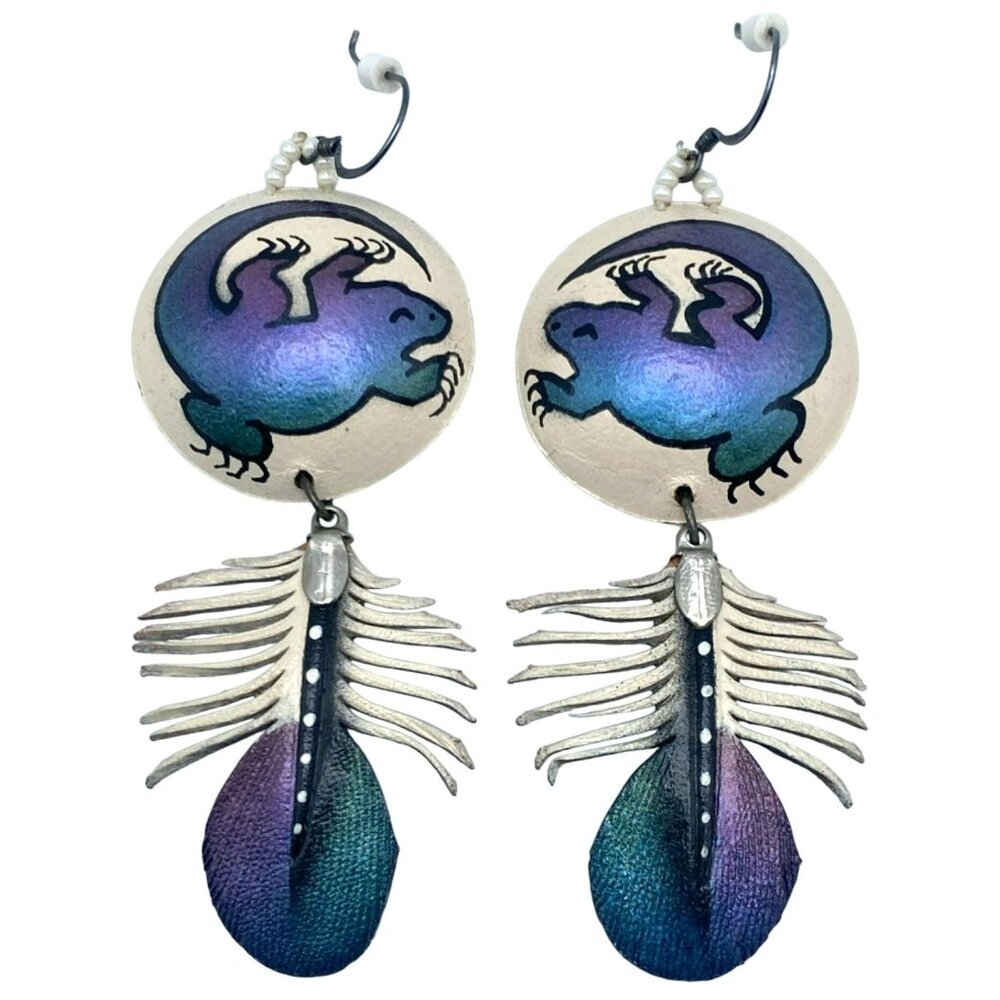 Native American Feather Lizard Purple Blue Iridescent SIGNED! Hand crafted RARE! - Picture 1 of 6